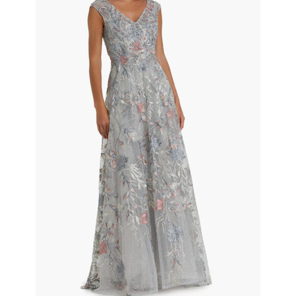 NWT MAC DUGGAL Embroidered Illusion Cap Sleeve A Line Gown Sz 14 #LD0205